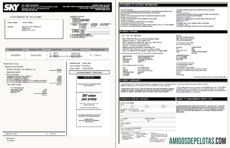 imprimível Modelo de conta de serviços públicos da Filipinas Sky Cable Corporation em formatos Word e PDF, 2 páginas, versão 2